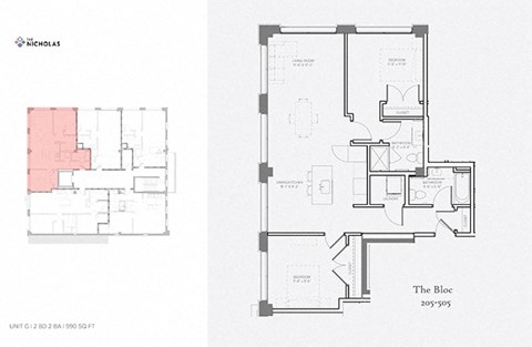 Floor plan for 2 beds, 2 baths, 990 sqft